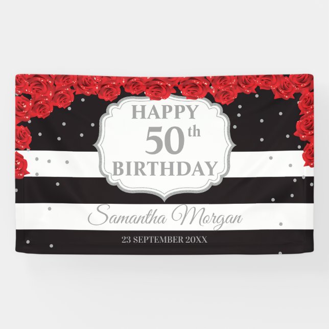 Romantic red roses silver glitter black Brithday Banner (Horizontal)