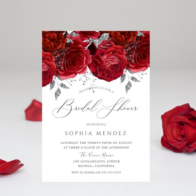 Romantic Red Roses Silver Leaf Bridal Shower Invitation (Creator Uploaded)