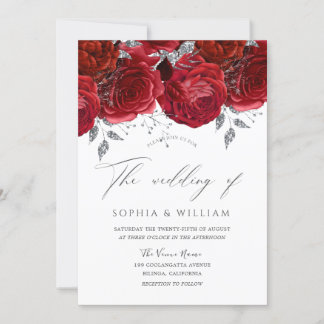 Romantic Red Roses Silver Leaf Elegant Wedding Invitation