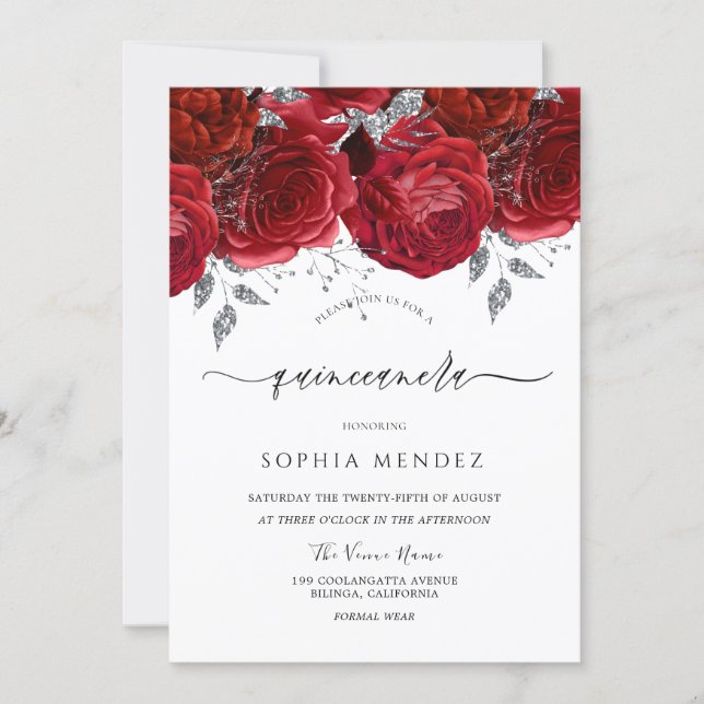 Romantic Red Roses Silver Leaf Quinceanera Party   Invitation (Front)