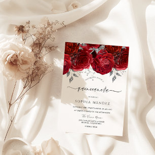 Romantic Red Roses Silver Leaf Quinceanera Party Invitation