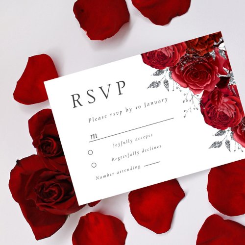 Romantic Red Roses Silver Leaf Wedding  RSVP Card