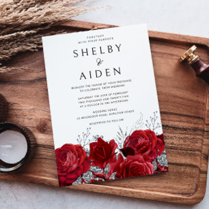 Romantic Red Roses & Silver Wedding Invitation