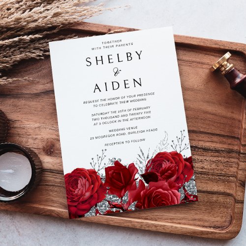 Romantic Red Roses  Silver Wedding Invitation