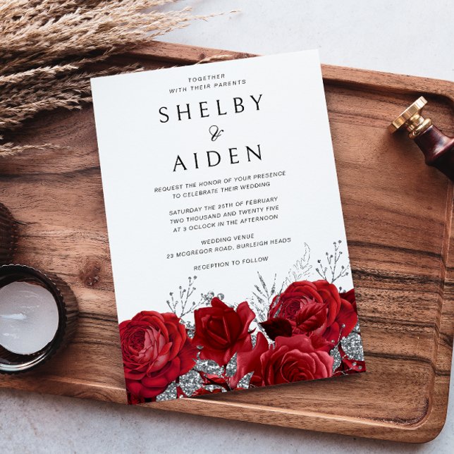 Romantic Red Roses & Silver Wedding Invitation (Creator Uploaded)