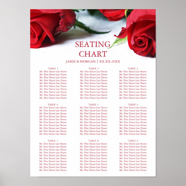 Romantic Red Roses Wedding Seating Chart (Front)