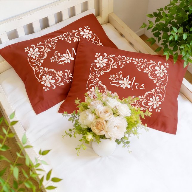 Romantic Red Rust Shabby Chic Mr & Mrs Couple  Pillow Case (Creator Uploaded)