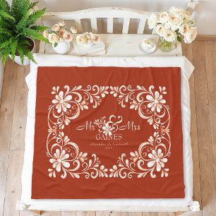 Romantic Red Rust Shabby Chic Mr & Mrs Floral Fleece Blanket