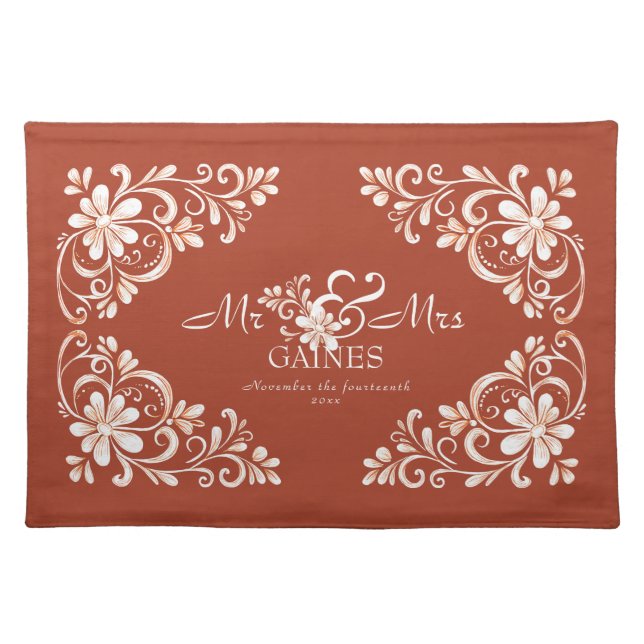 Romantic Red Rust Shabby Chic Mr Mrs Newlywed Cloth Placemat (Front)