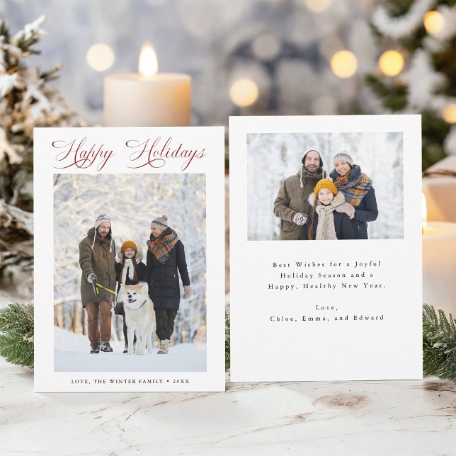 Romantic Red Script Happy Holidays 2 Photo Holiday Card (Front & Back)