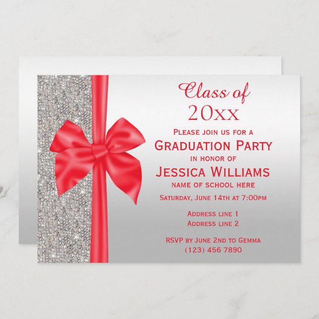 Romantic Red Silk Bow, Silver Sequins Graduation Invitation (Front/Back)