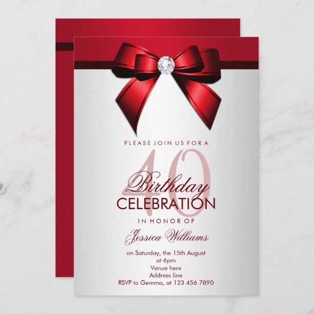 Romantic Red & Silver 40th Birthday Party Invitation (Front/Back)