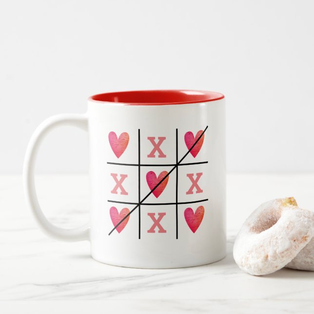Romantic Red Valentine Hearts Two-Tone Coffee Mug (With Donut)
