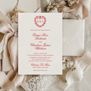 Romantic Red Vintage Monogram Crest Wedding Invitation