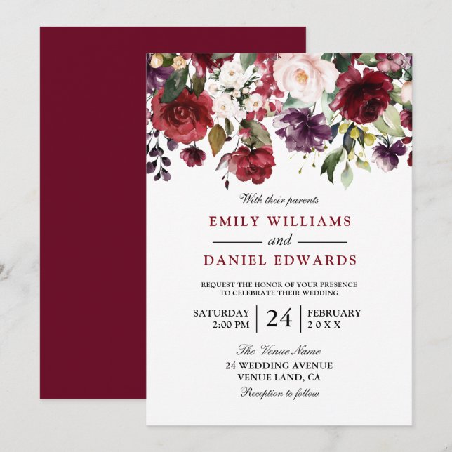 Romantic Red Watercolor Botanical Wedding Invitation (Front/Back)