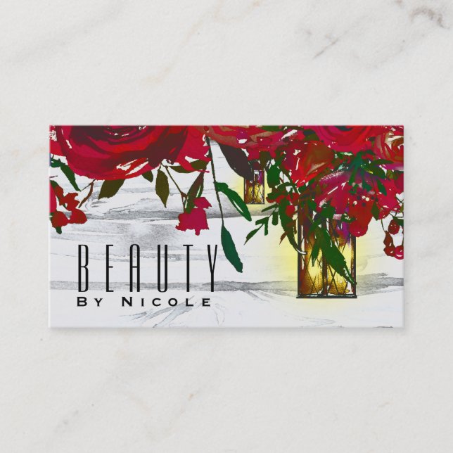 Romantic Red Watercolor Roses & Lantern Rustic Business Card (Front)