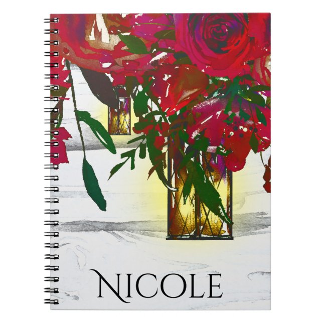 Romantic Red Watercolor Roses & Lantern Rustic Notebook (Front)