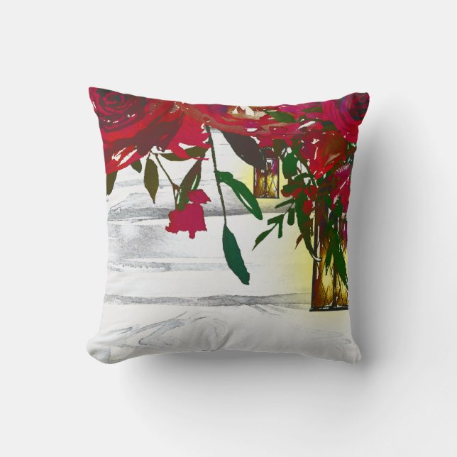 Romantic Red Watercolor Roses & Lantern Rustic Throw Pillow (Front)