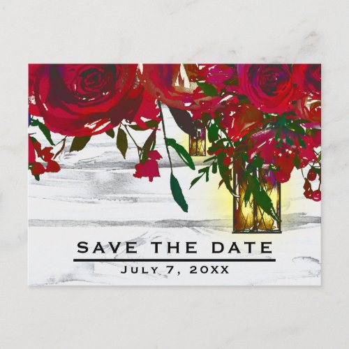 Romantic Red Watercolor Roses  Lantern Save Date Announcement Postcard
