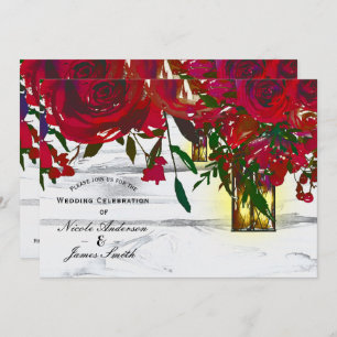 Romantic Red Watercolor Roses & Lantern Wedding Invitation
