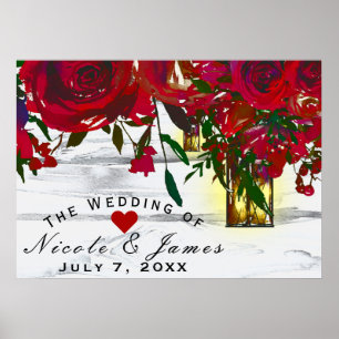 Romantic Red Watercolor Roses & Lantern Wedding Poster