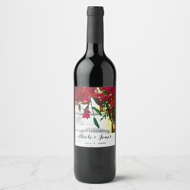 Romantic Red Watercolor Roses Lantern Wedding Wine Label (Front)