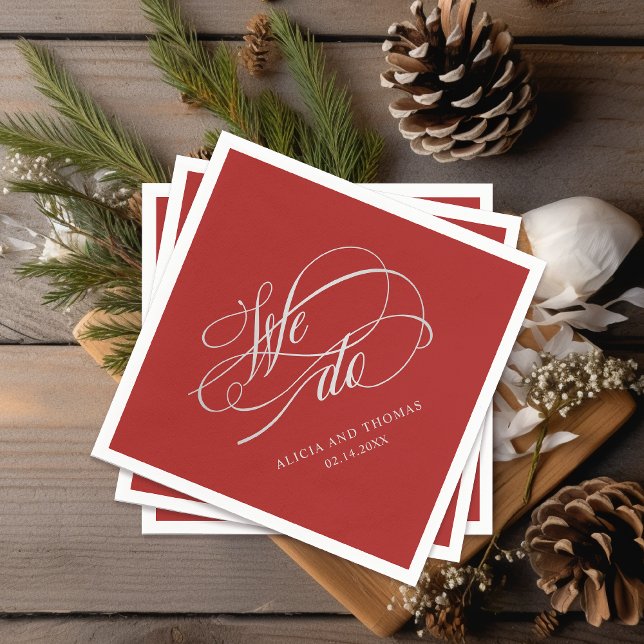 Romantic Red We Do Calligraphy Wedding Napkins (A lovely choice for holiday weddings.)