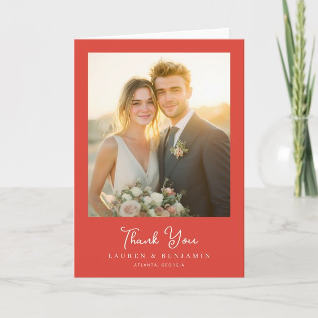 Romantic Red Wedding Photo Thank You Card (Front)