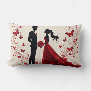 Romantic Red Wedding Silhouette of Bride and Groom Lumbar Pillow