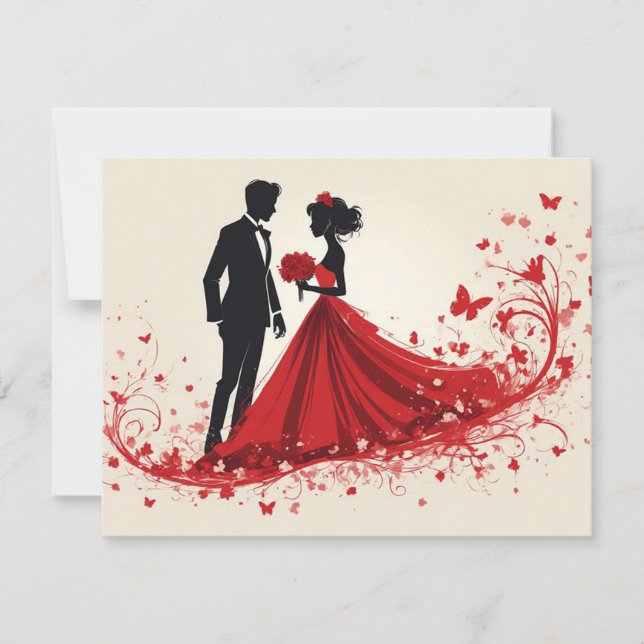 Romantic Red Wedding Silhouette of Bride and Groom Note Card (Front)