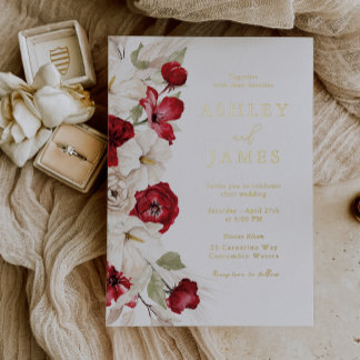 Romantic Red & White Floral Gold Foil Wedding Invitation