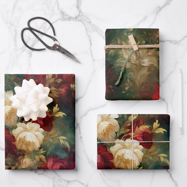 Romantic Red White Flowers Bridal Shower Wedding Wrapping Paper Sheets (Front)