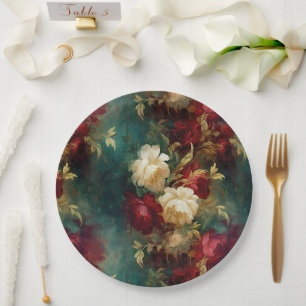 Romantic Red White Flowers Floral Wedding Paper Plates