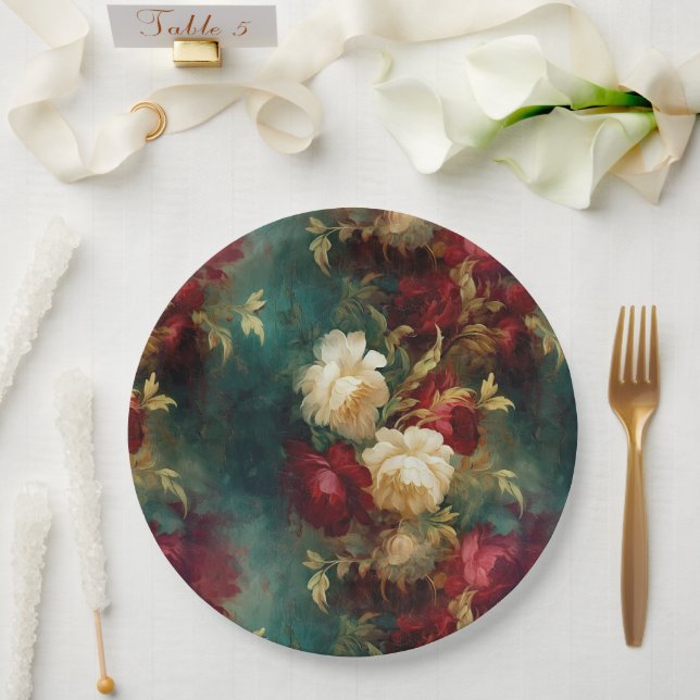 Romantic Red White Flowers Floral Wedding Paper Plates (Wedding)