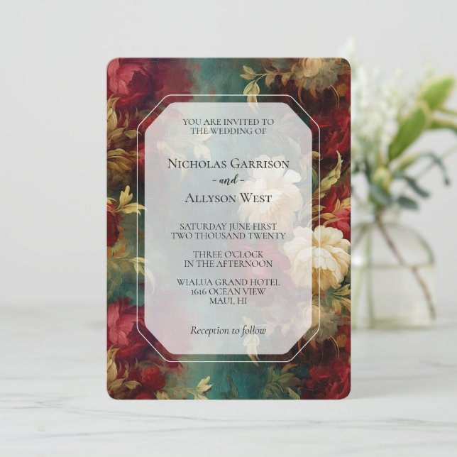 Romantic Red White Flowers Wedding Invitation (Standing Front)