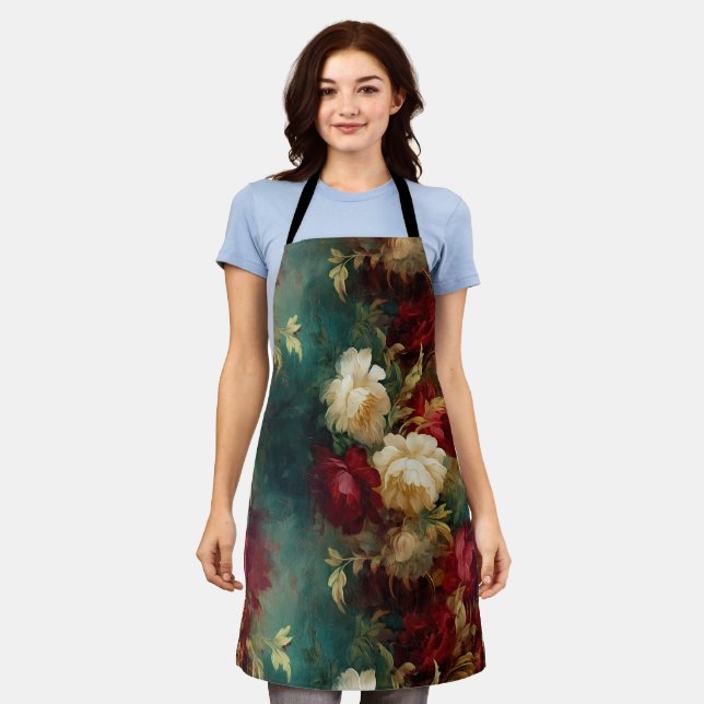 Romantic Red White Green Flowers Apron (Worn)