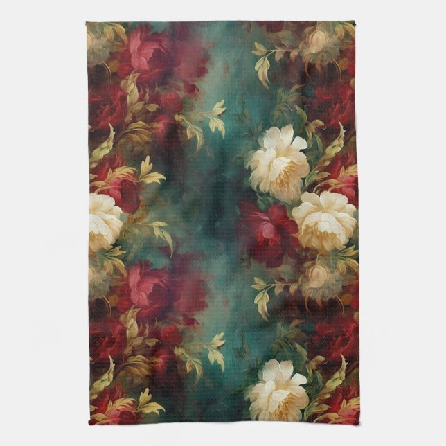 Romantic Red White Green Flowers Kitchen Towel (Vertical)