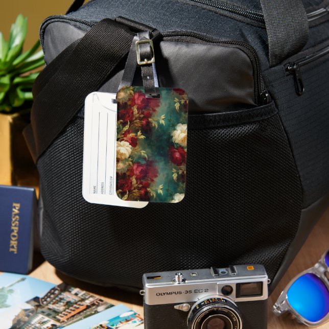 Romantic Red White Green Flowers Luggage Tag (Front & Back)