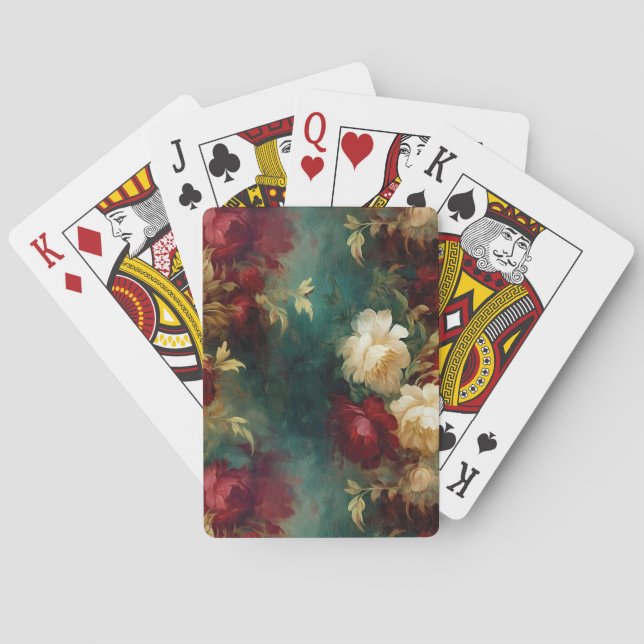 Romantic Red White Green Flowers Poker Cards (Back)