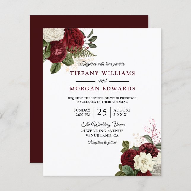 Romantic Red & White On a budget Wedding Invite (Front/Back)