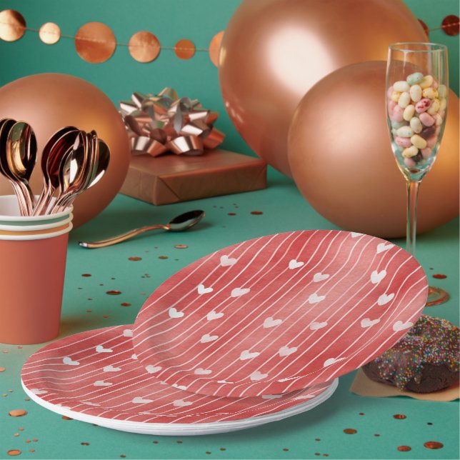 Romantic Red White Stripes Hearts Love Paper Plates (Multi)
