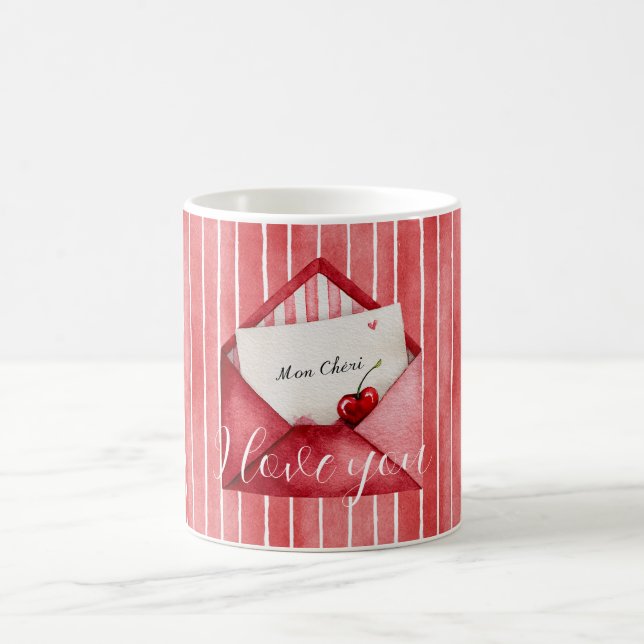 Romantic Red White Stripes Mon Cheri Love Coffee Mug (Center)