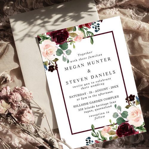 Romantic Red Wine Flowers Elegant Wedding Invitation