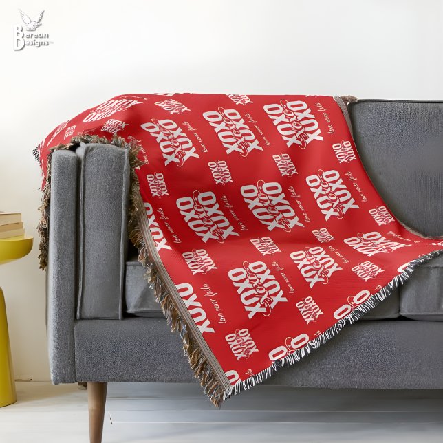 Romantic Red XOXO Love Never Fails Valentines Throw Blanket (Couples XOXO Valentine woven blanket with customizable Scripture. Ideal gift for romantics.)