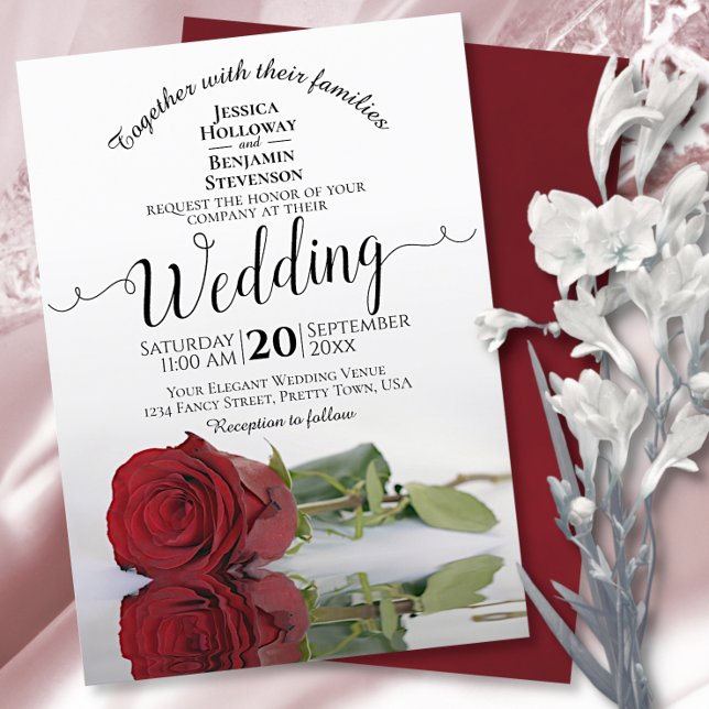 Romantic Reflecting Red Rose Elegant Wedding Invitation