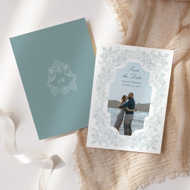 Romantic Regency Dusty Blue Photo Save The Date (Creator Uploaded)