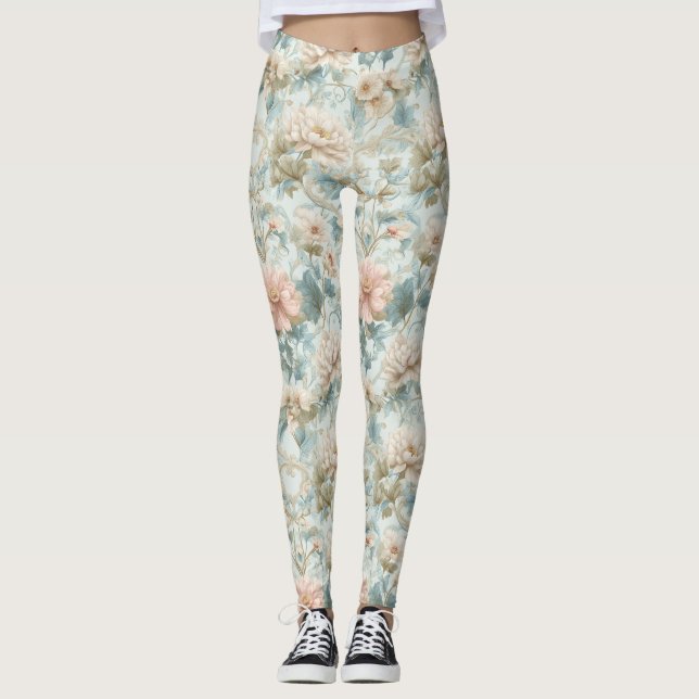 Romantic Regency Pastel Floral Print Leggings (Front)