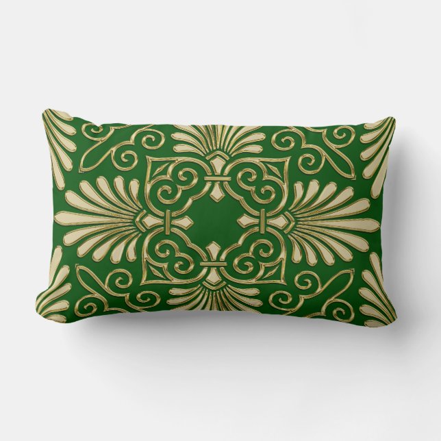Romantic Retro Art Deco Damask Green Gold 01 Lumbar Pillow (Front)