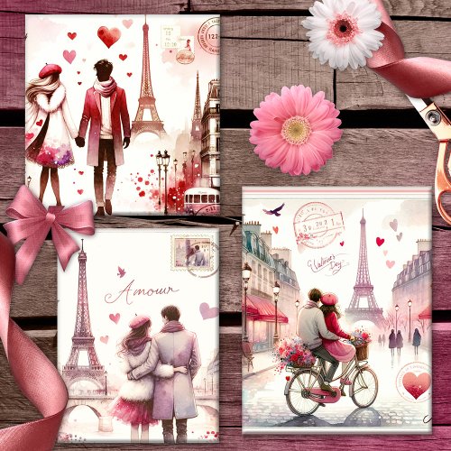 Romantic Retro Paris Love Pink Wrapping Paper Sheets