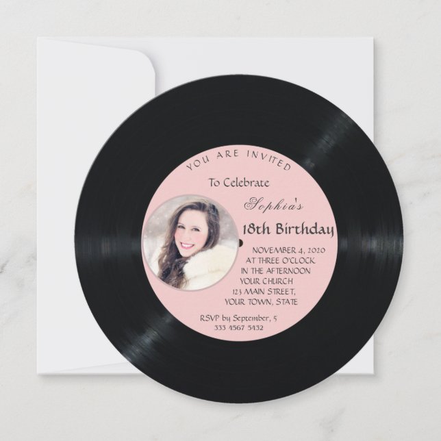 Romantic Retro Vinyl Record Photo Birthday Invitation (Front)